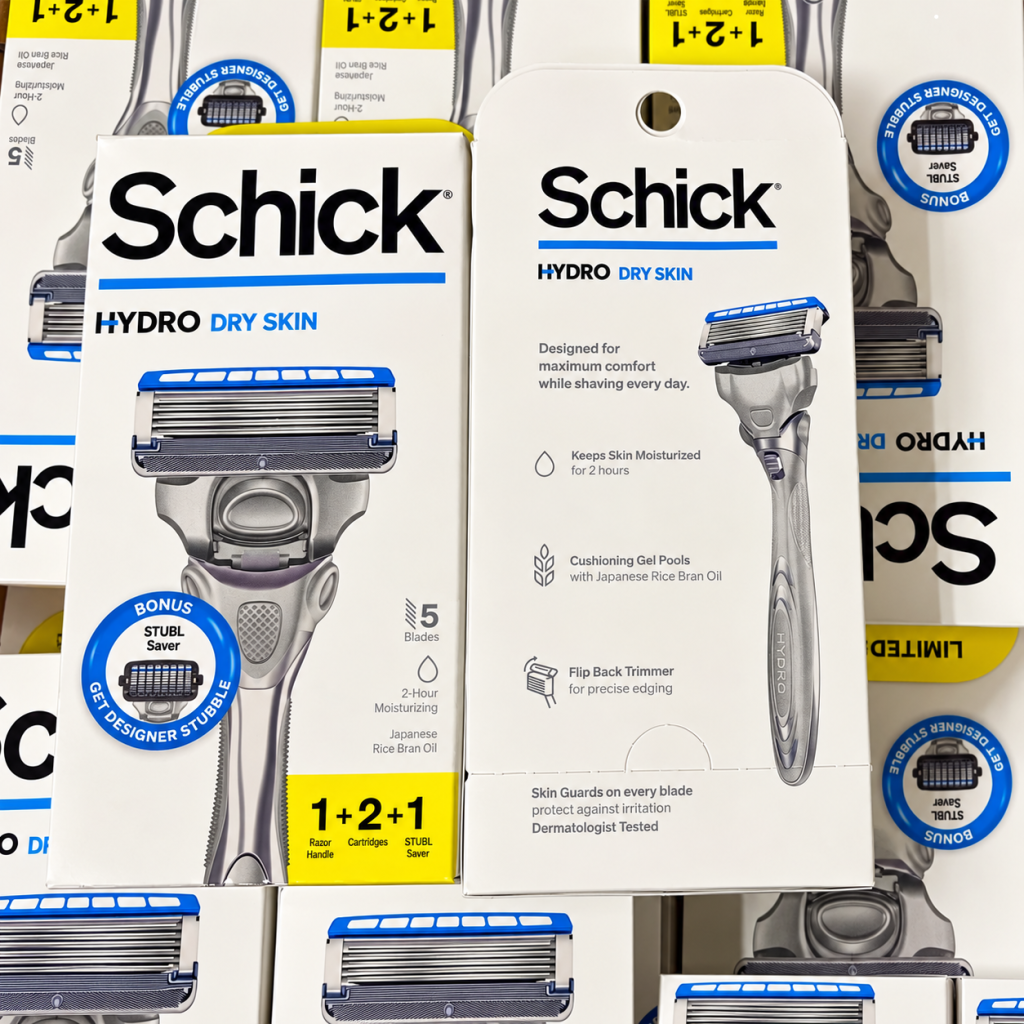Schick Hydro Dry Skin 1 Razor + 2 Cartridges , 5 Blades 2 Hour Moisturizing Japanese Rice Bran Oil (600 Pcs Per Pallet)